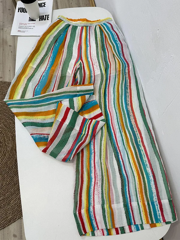 면 린넨 와이드 레그 팬츠 여성 여름 얇은 신축성 높은 허리 루즈핏 스트레이트 캐주얼 바지 스트라이프