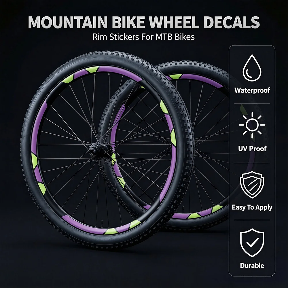 18pcs/set Purple Green Patchwork Pattern Bicycle Rim Stickers Waterproof Vinyl Decal For 2 Wheels MTB Mountain Bike Wheel Decals