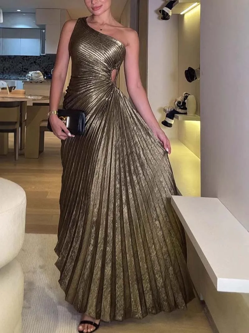 여성용 긴 드레스 금박 원숄더 하이웨이스트 A라인 플리츠 우아한 여성 이브닝 칵테일 웨딩 게스트 프롬 드레스