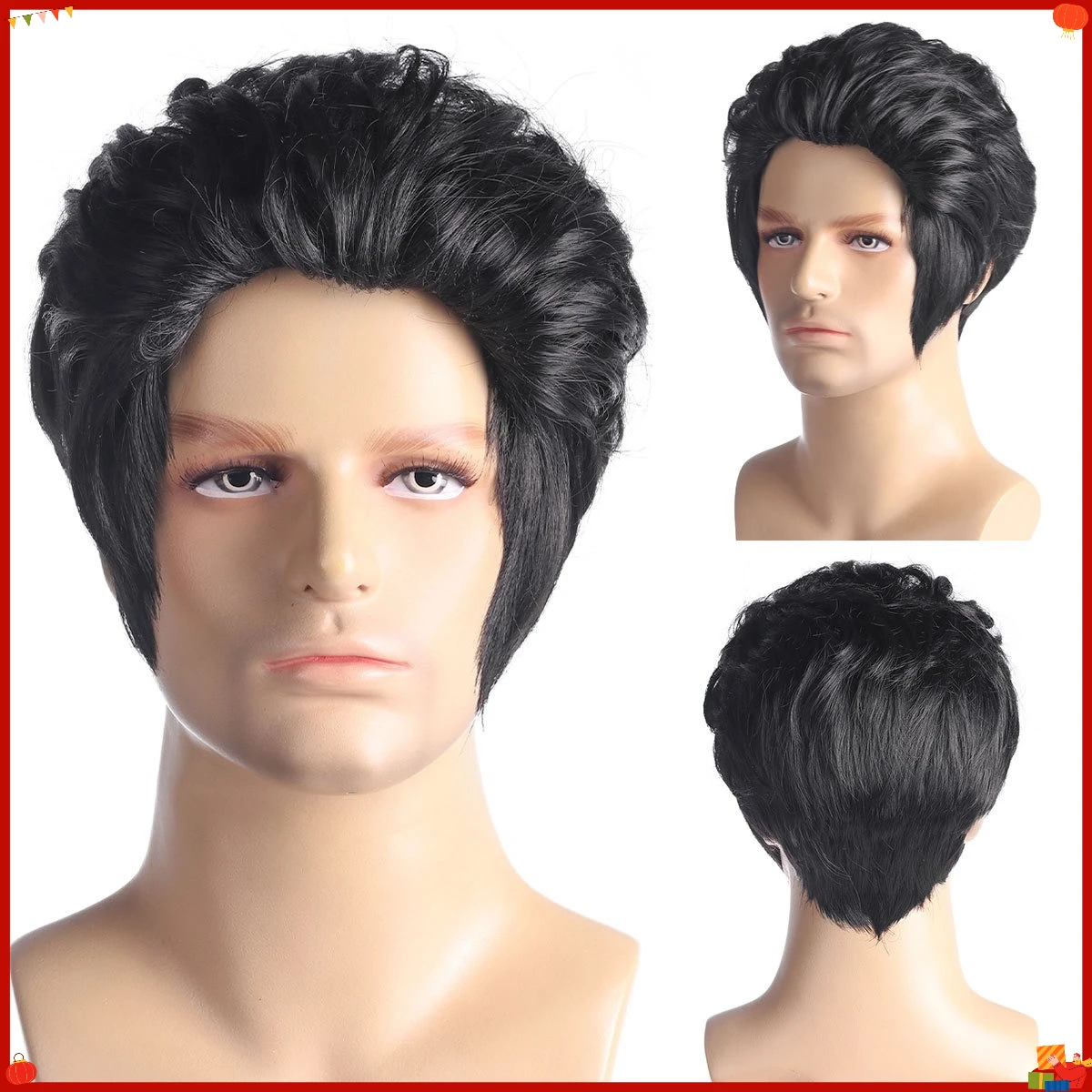Mens Synthetic Rock Star Costume Wig Black Party Cosplay Hairpiece for Stage Performance Disco Event
