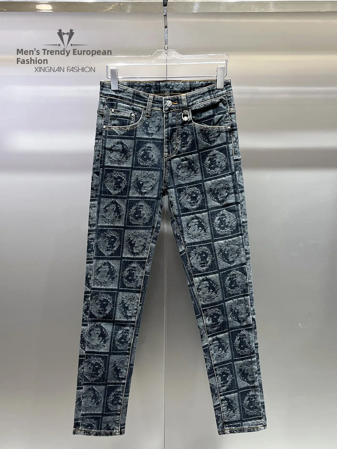 

Slim Fit Men's Jeans Autumn Winter Thiened Plaid Print Versatile Long Pants Casual Sle Zipper Closure Daily Wear