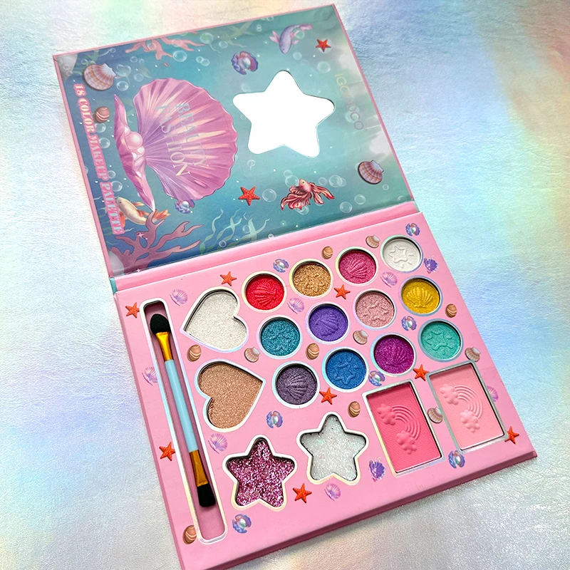 18色の子供用メイクアップセット、パール光沢のあるマットとグリッター効果、簡単に塗れるメイクアップパレット、誕生日クリスマスギフト