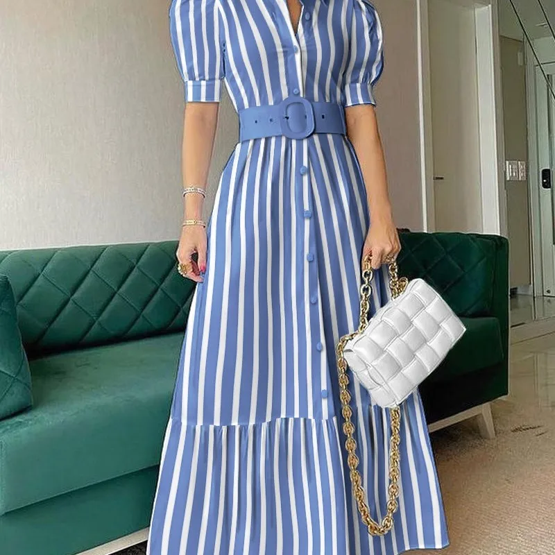 2023 New High Waist Temperament Solid Color Mid length Skirt Slim Fit Bubble Sleeve Dress with Belt robe longue summer