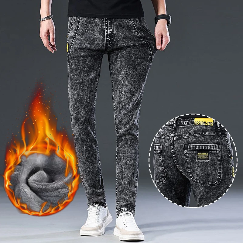 

Мужские винтажные потертые джинсы на флисовой подкладке, толстые теплые узкие эластичные джинсовые брюки, зимние бархатные уличные брюки