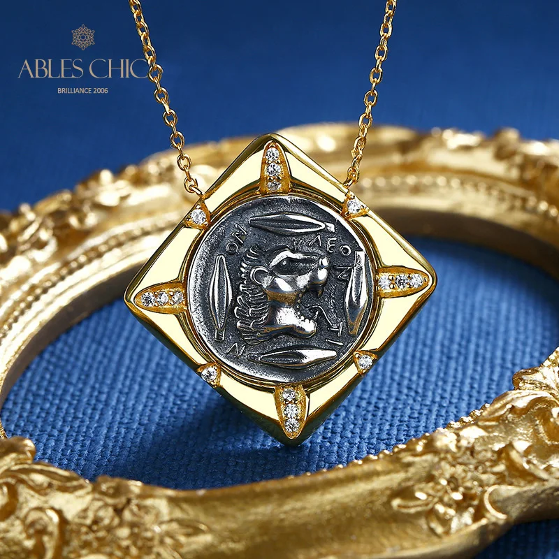 Ables Chic Greek Roaring Lion Silver Coins Rhombus Charm Solid 925 Silver Roman Coin Pendant Necklace N1074