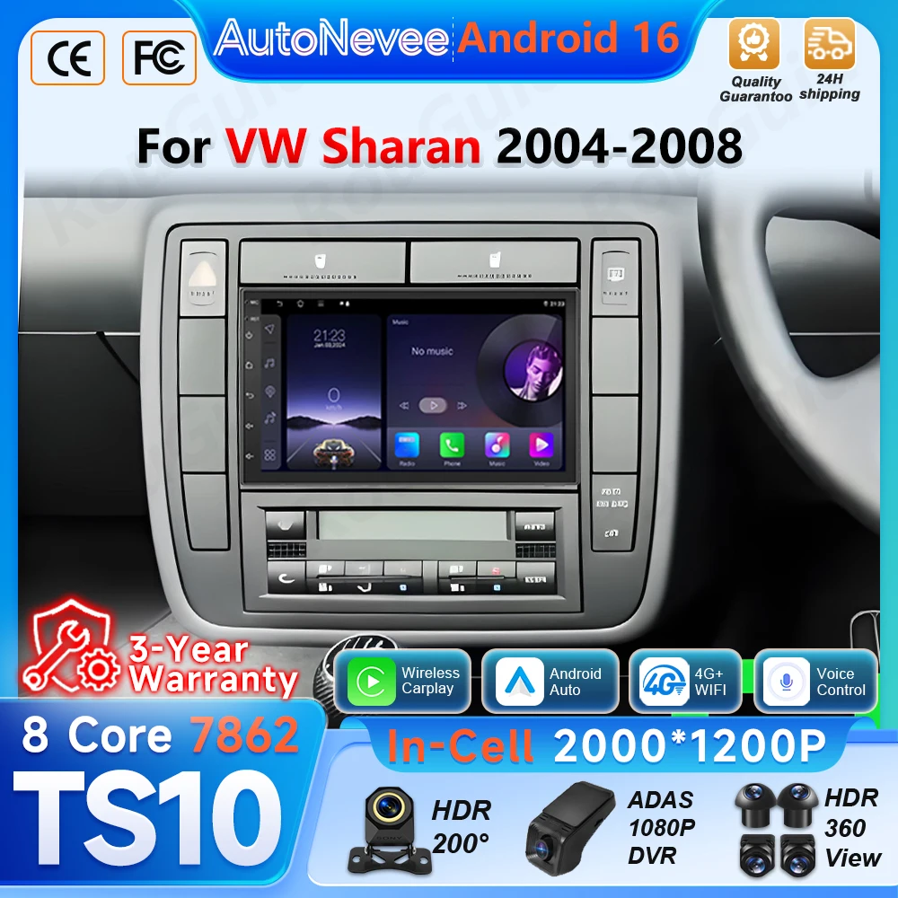Android 16 Autoradio For VW Sharan 2004 -2008 Wireless Carplay Car Stereo Video Multimedia Player GPS Navigation BT Touch Screen