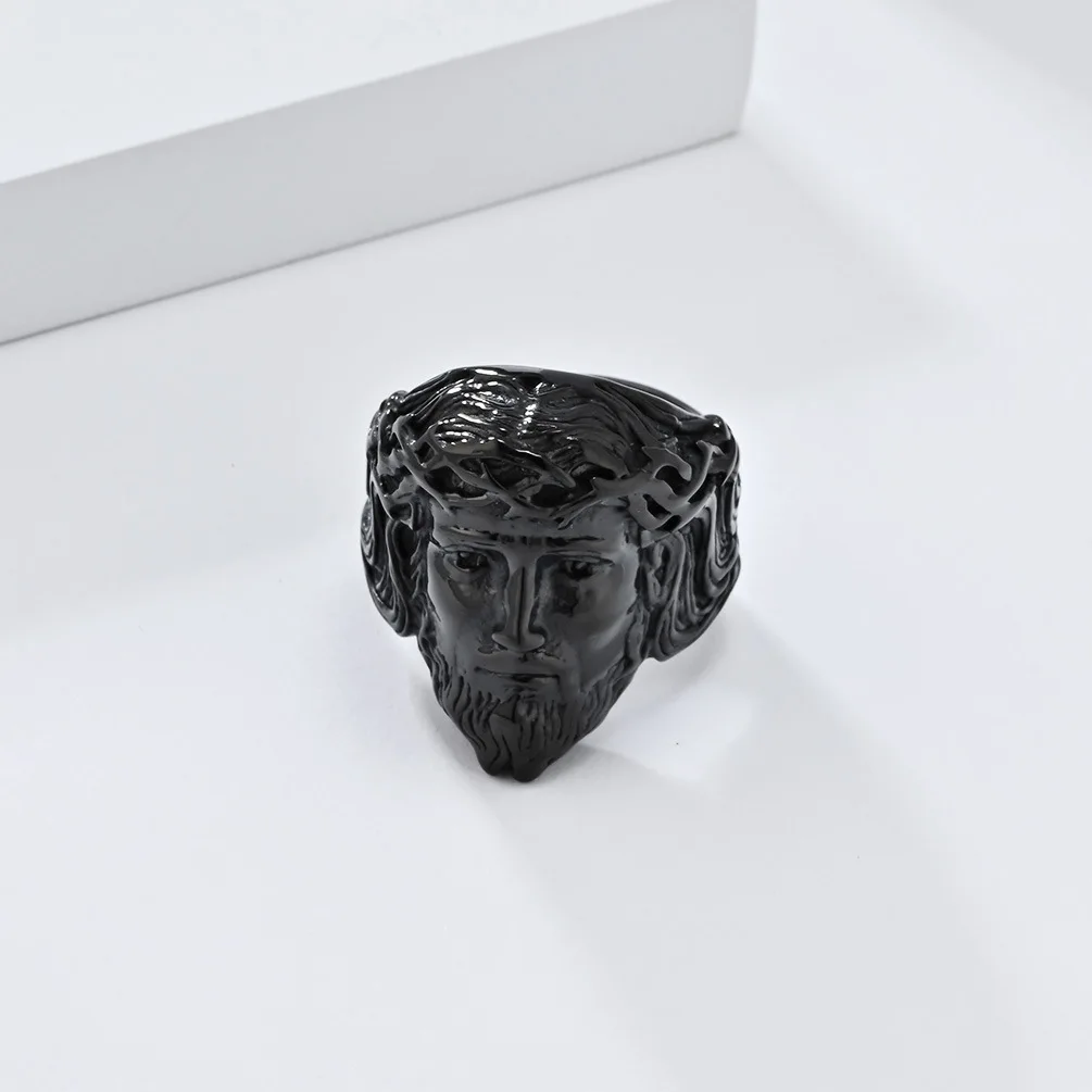 Gold Color Jesus Christ Face Ring Stainless Steel Christian Jewellery Crown of Thorns Jesus Head Faith Statement Ring for Men