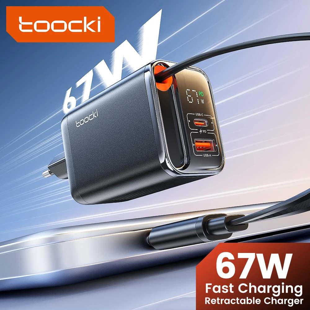 

Toocki PD 67W GaN USB Charger QC3.0 PPS Type C Fast Charge Display Charger With Retractable Cable For iPhone 15 16 Xiaomi Samsun