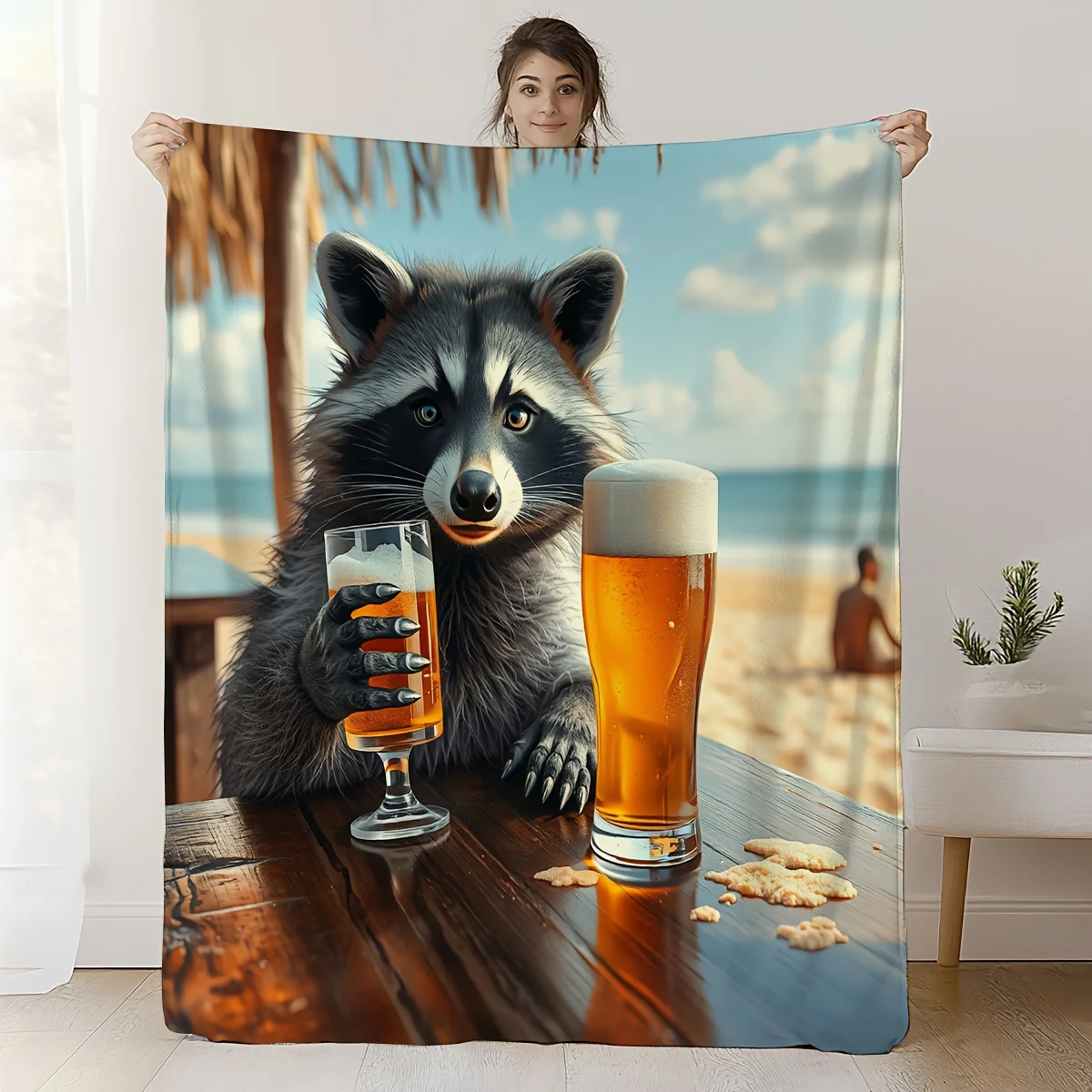 

«3D пивное одеяло с изображением енота, мягкий фланелевой плед для уютного домашнего декора, уникальная идея подарка для любителей животных и пляжа»