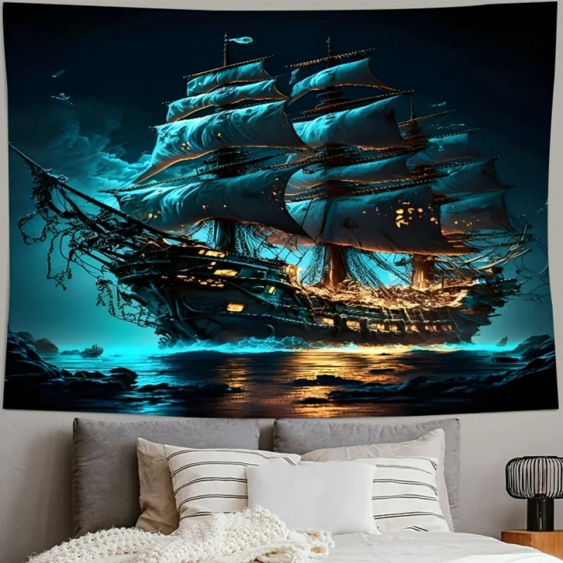 Pirate Ship Ocean Scenery Tapestry Living Room Bedroom Dormitory Decoration Polyester Fiber Wall Hanging