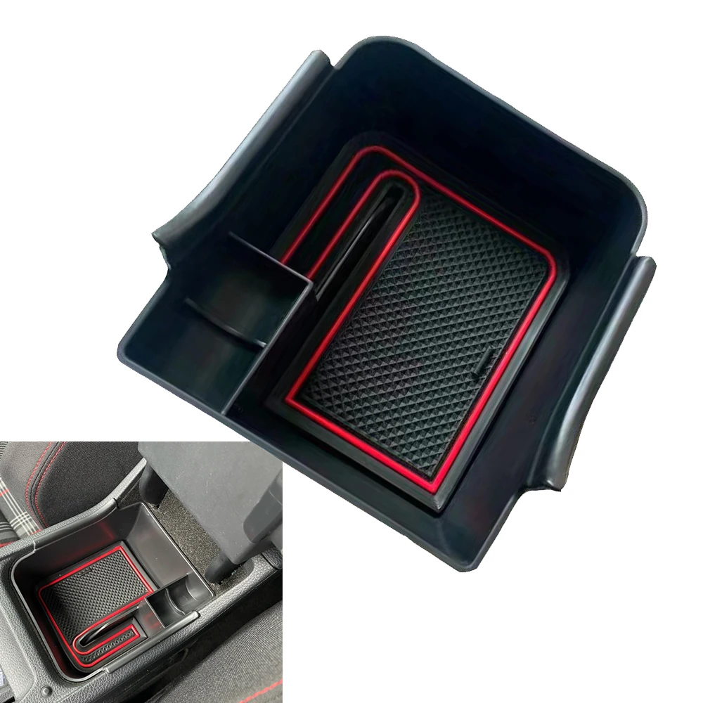 1x Central Armrest Storage Box For VM Polo Mk6 2018-2020 ABS Central Control Container Tray Coin Holder with Mat Car Accessories