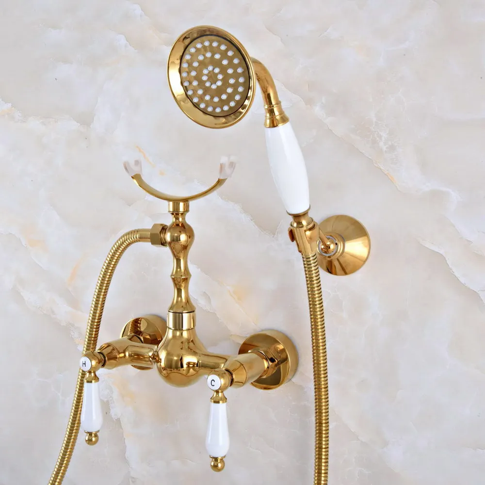 

Modern Polished Gold Color Brass Wall Mount Bathtub Faucet with Handheld Shower Set +1.5M Hose Mixer Tap 2na925