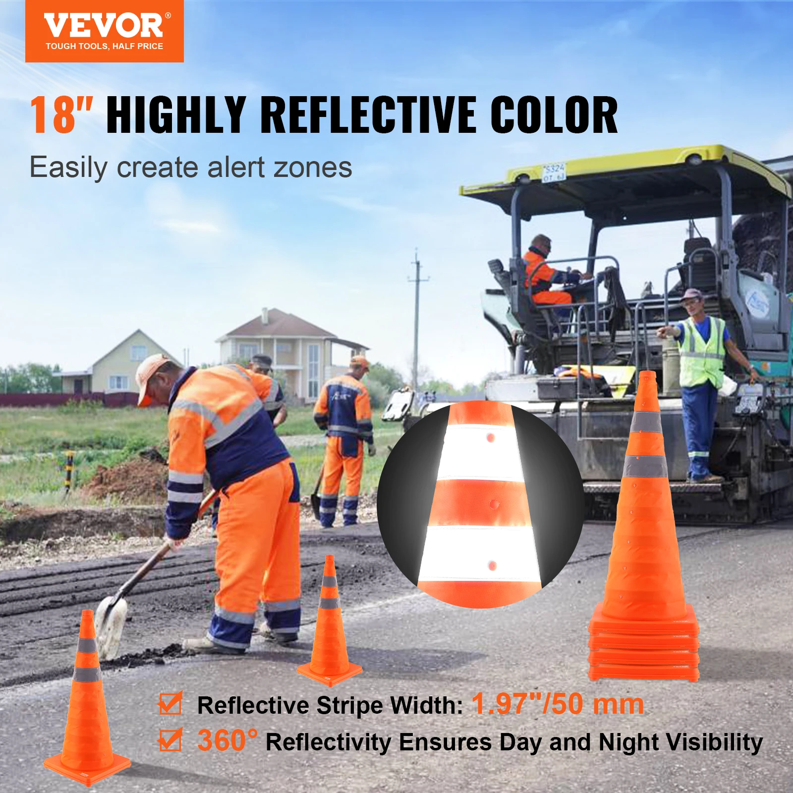VEVOR 4 Pack 28 inch Safety Cones with Reflective Collars Wide Base and A Storage Bag for Traffic Control Driving Parking Lots