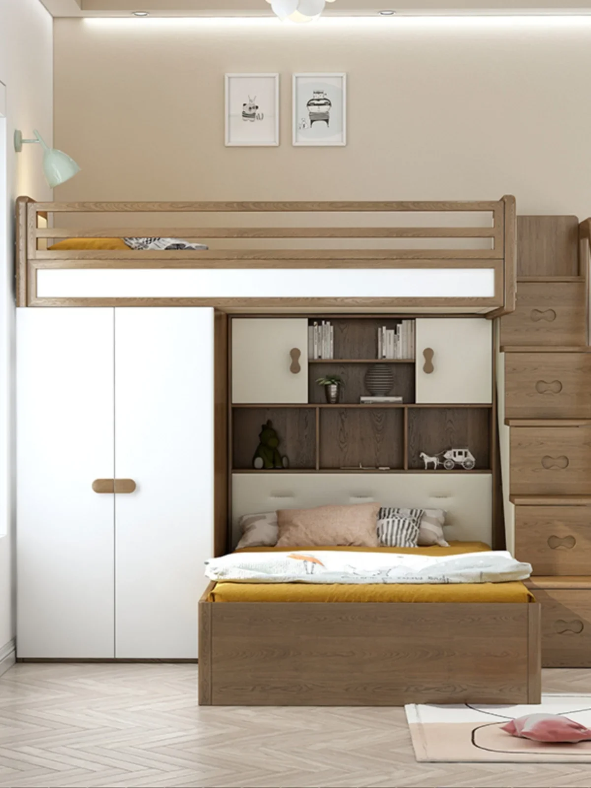 White wax wood upper and lower beds, mother bed, desk, wardrobe, integrated small unit, multifunctional high and low bed