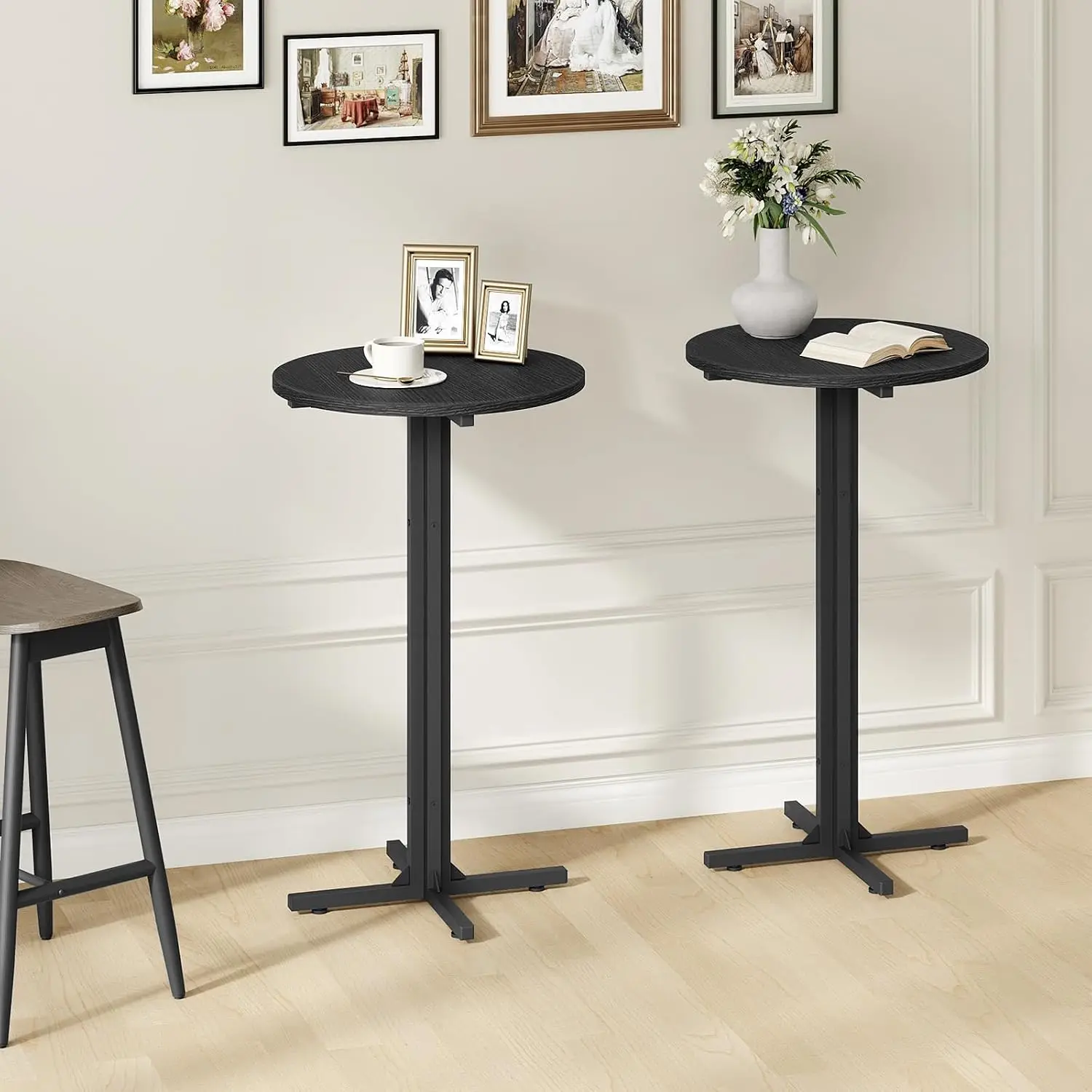 Round Bar Table Set of 2, Counter Height Pub Table, Bar Height Cocktail Table, Versatile Use, for Dining Room, Kitchen, Bar, Pub, Cafe, Black BT10L2BB