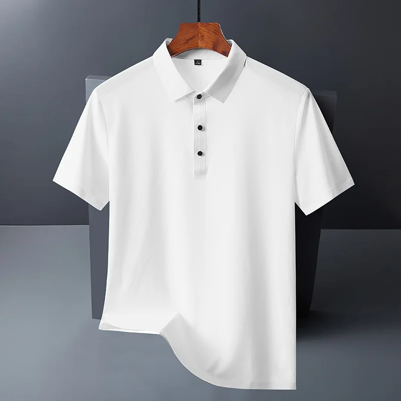 

Summer Ice Silk High Elastic Scarless Polo Shirt Men's Polo Neck Short Sleeve Business Quick Drying Brocade Ammonia T-shirt