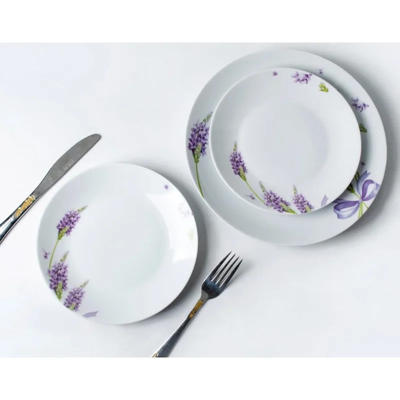 12-Piece Porcelain Kitchen Dinnerware Set with Purple Lavender Pattern, Round Dinner Plates, Dessert Plates, Soup Bowls