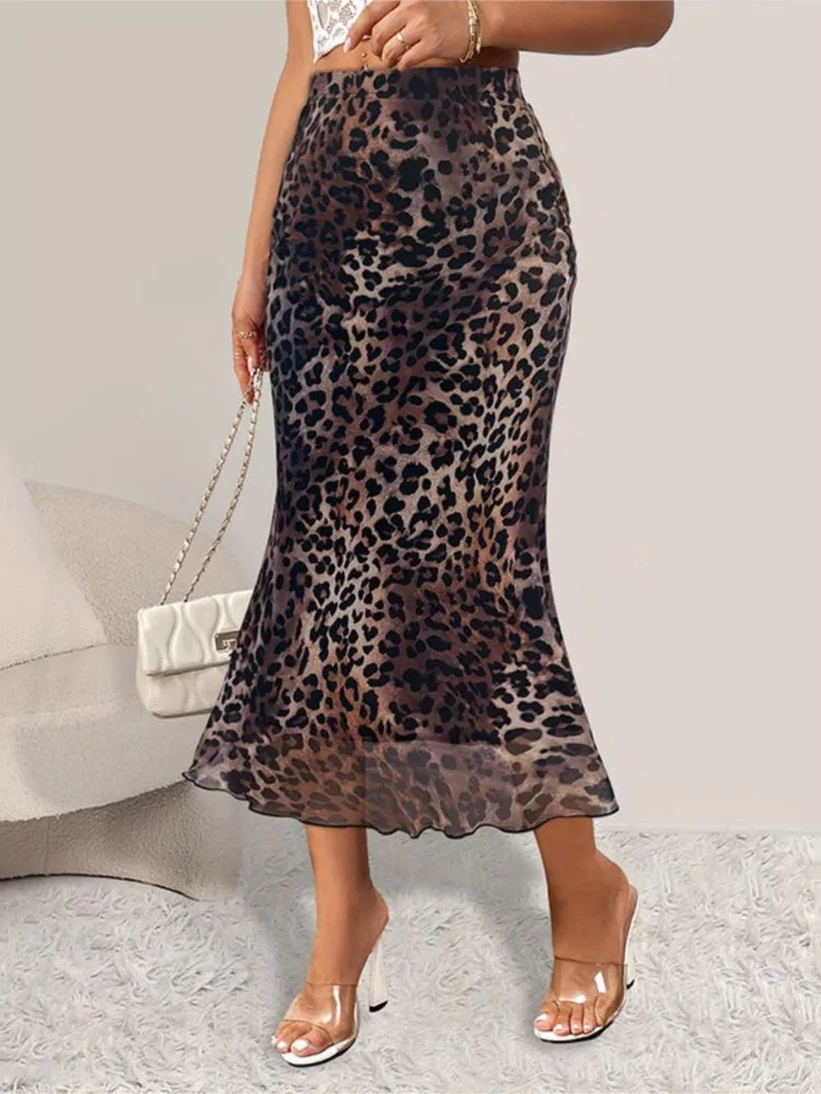 Summer Women's Half Skirt Classic High Waisted Office Female Loose A-line Skirt Fashion Elegant Leopard Print Ladies Long Skirt