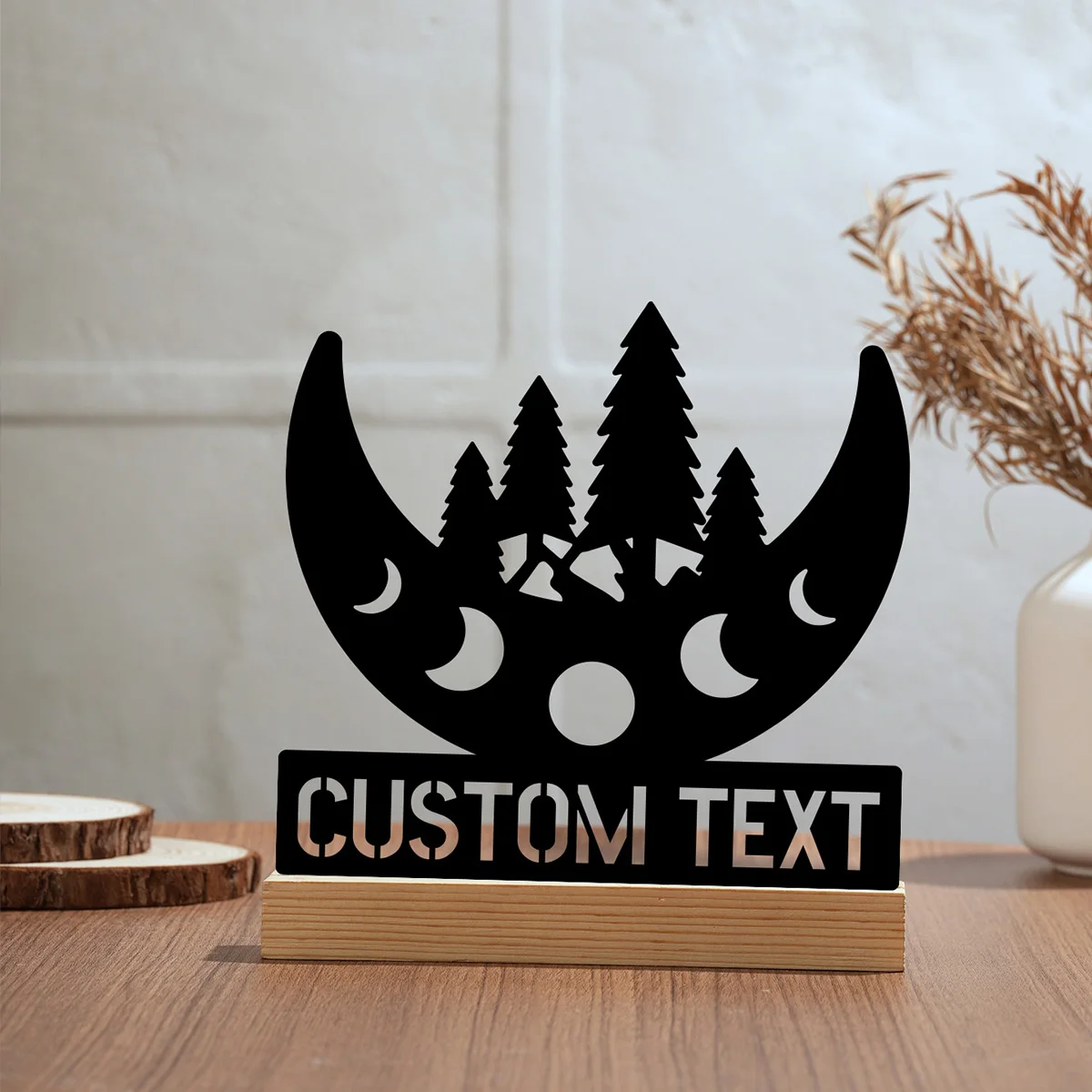 1pc luna fresca con foresta Nome personalizzato Statua di latta Ornamento in metallo con base in legno Scultura in ferro Artigianato con base in legno Ufficio