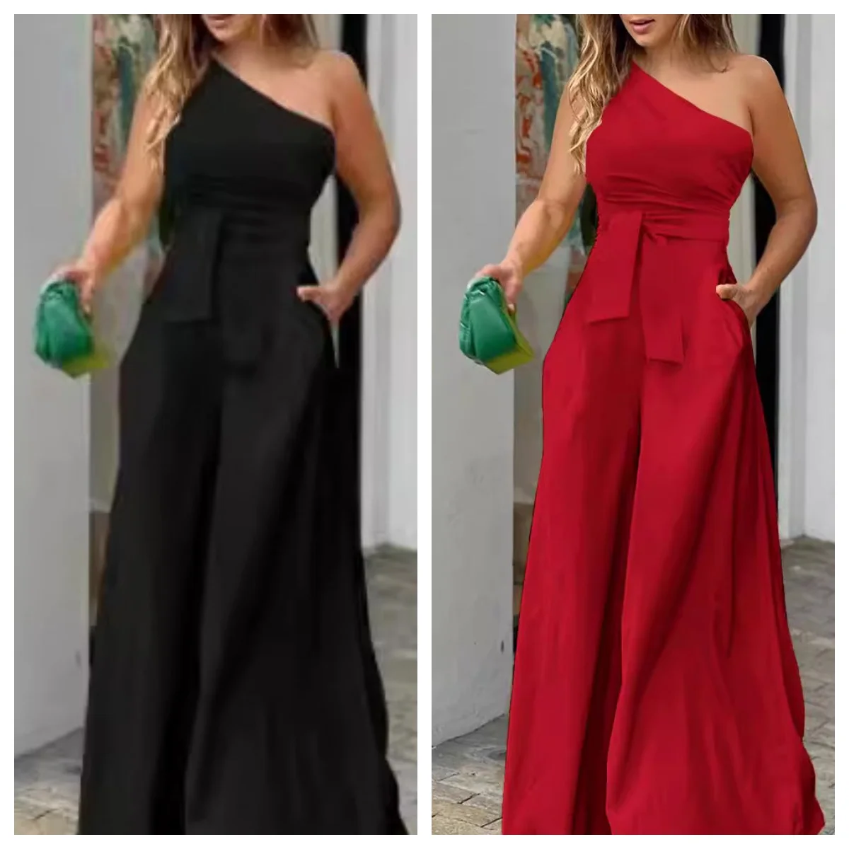 

Summer Women's Clothing Slanted Collar Unilateral Tie Irregular Strapless High Waist Pocket Wide Leg Pants Casual Jumpsuit