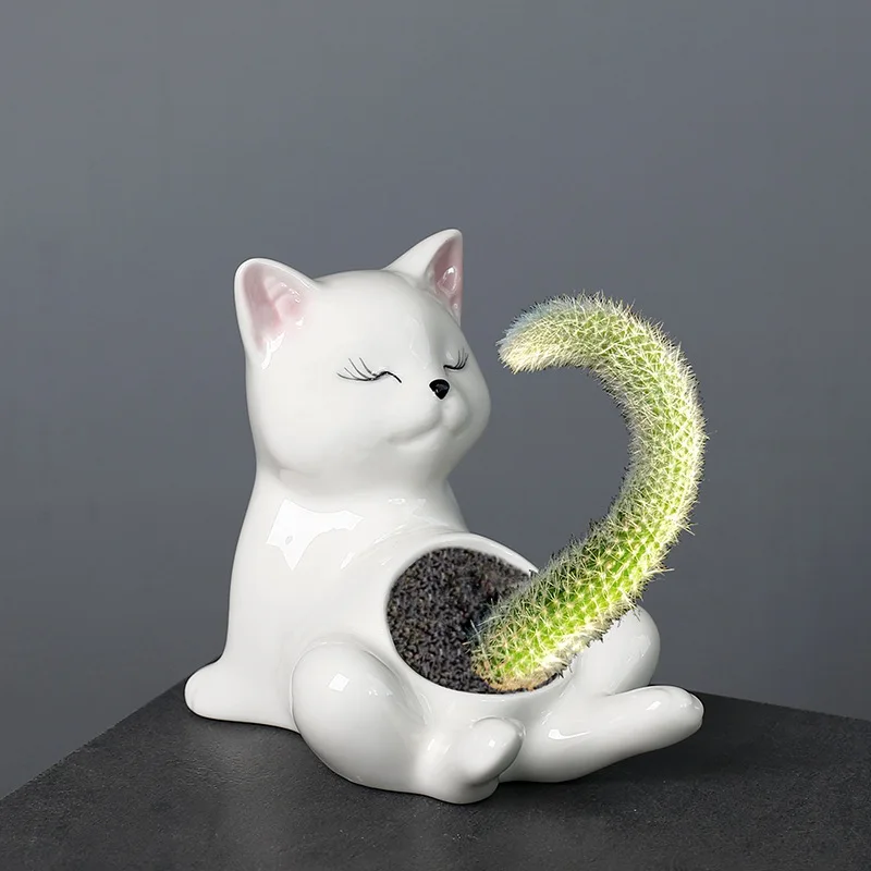 Handmade Creative Sitting Cat Kitten Ceramic Flower Pot Succulent Planter Mini Cactus Bonsai Desktop Home Office Decor Gift