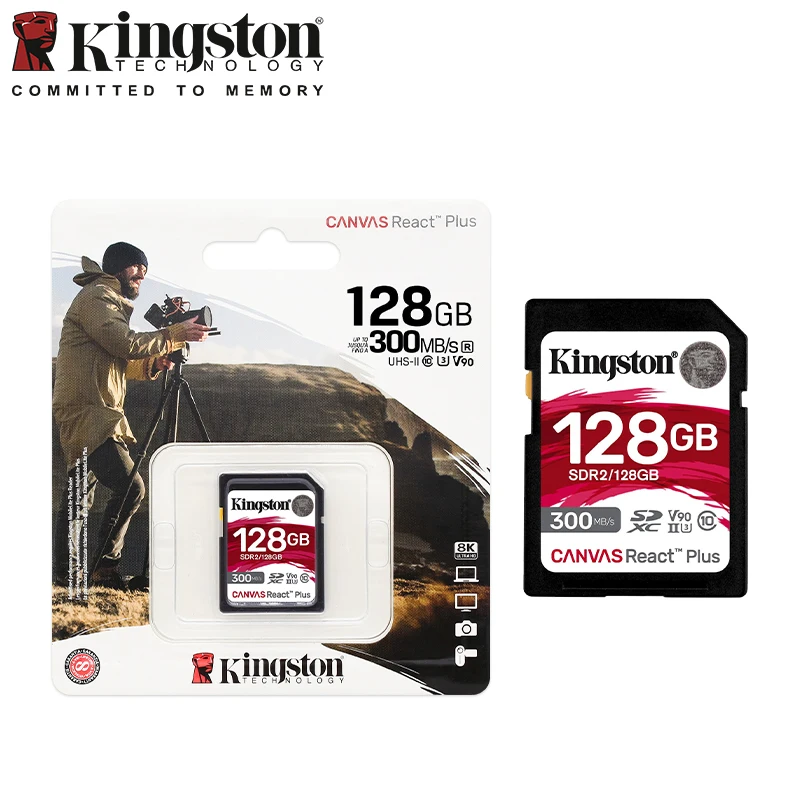 بطاقة ذاكرة Kingston Canvas React Plus SD لكاميرات سينما UHS-II الاحترافية 8K/3D/VR 32 جيجابايت 64 جيجابايت 128 جيجابايت 256 جيجابايت V90 بطاقات SD