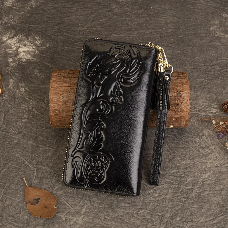 Johnature Genuine Leather Embossed Wallet Vintage Women Long Wallets 2026 New Card Holder Real Cowhide Large Capacity Hand Purse