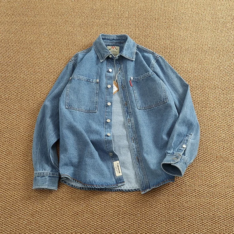 American Casual Men's Long Sleeve Denim Shirt Heavy Washed Vintage Workwear Layering Shirt Jacket Loose Fit Cotton Youth Trend