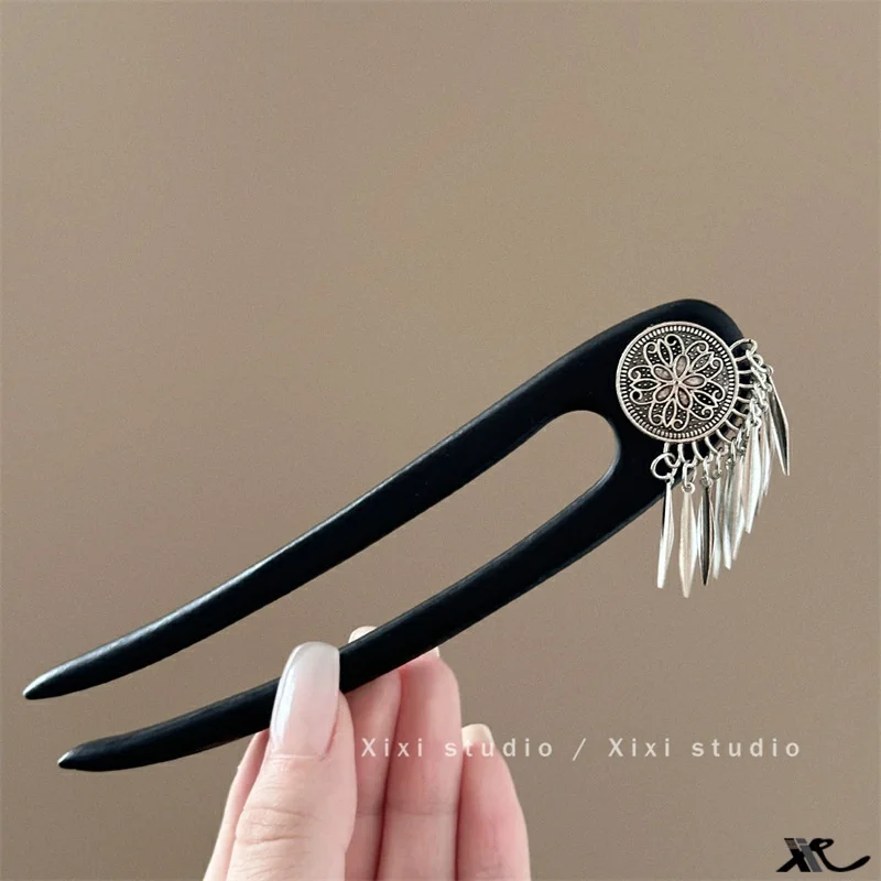 Crystal moonstone star and moon hairpin, ladies' Chinese cross tassel hair clip, round plate hair pick, headwear accessory