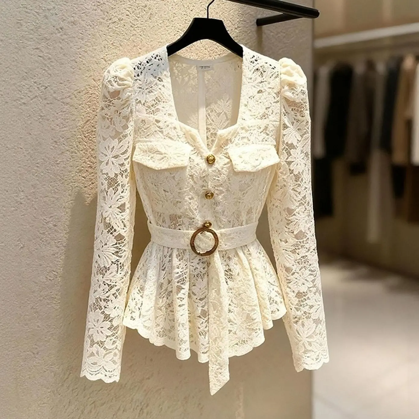 French hollow hook-up lace shirt women's spring socialite bubble long-sleeved bottoming shirt Spice girl slim top with belt