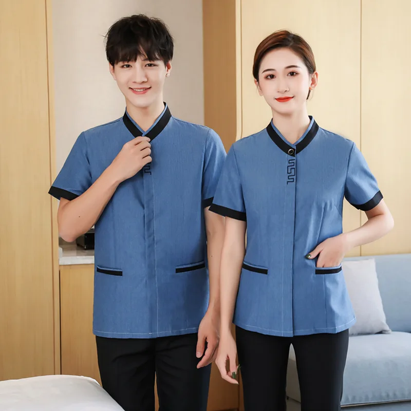 

Форменная одежда для персонала по уборке номеров отелей, с короткими рукавами, для отделов продаж недвижимости, летняя униформа для уборки для мужчин и женщин.