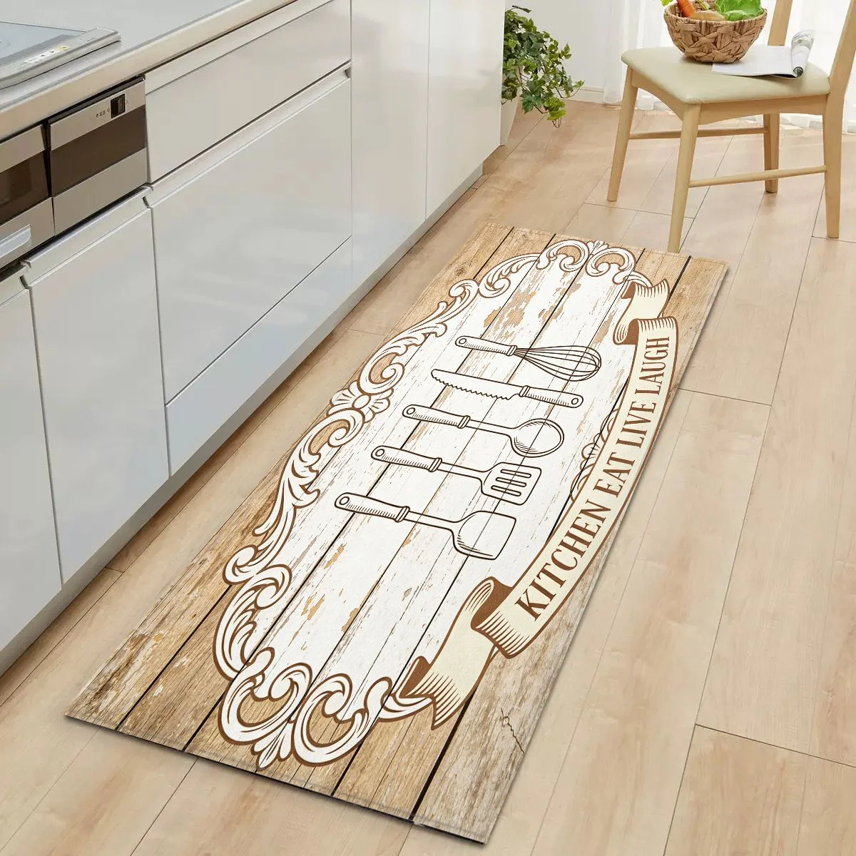 VIKAMA Vintage Scroll Kitchen Tool Runner Mat Waterproof Oilproof Non Slip Anti Fatigue Eat Live Laugh Kitchen Decor Rug
