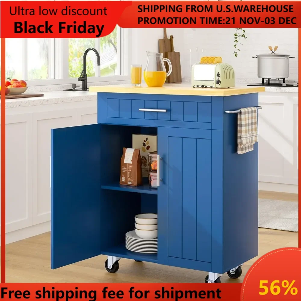 

Kitchen Island on Wheels with Storage Cabinet & Drawer, 26" Width Rolling Kitchen Table, Cart Handle for Towel Rack or Fr