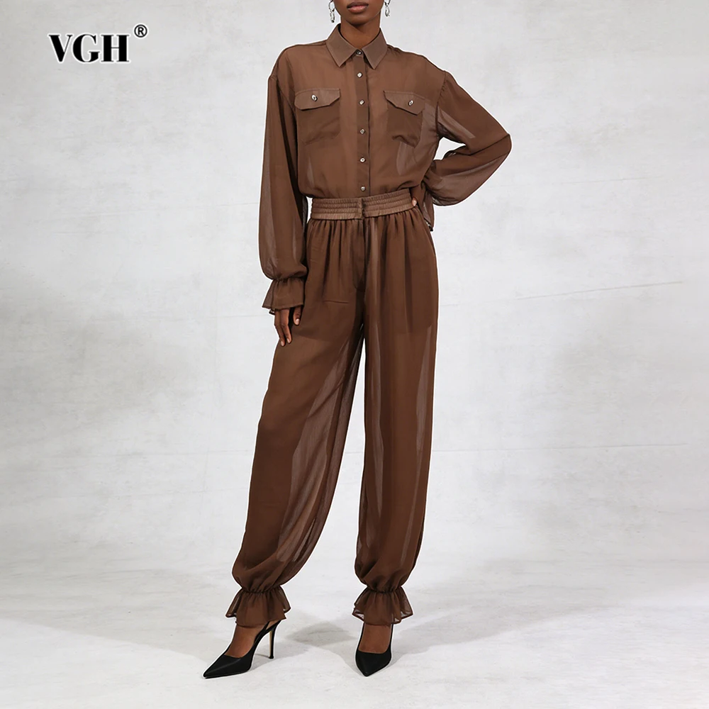 

VGH Loose Casual Solid Party Two Piece Sets For Women Lapel Long Sleeve Top High Waist Spliced Pocket Spring Chic Set Female New