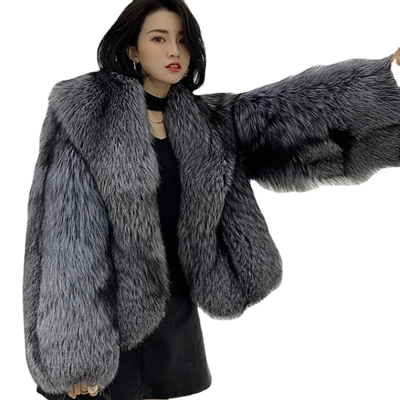 Manteau en fausse fourrure de renard argenté pour femme, court, à la mode, nouvelle collection automne et hiver 2022