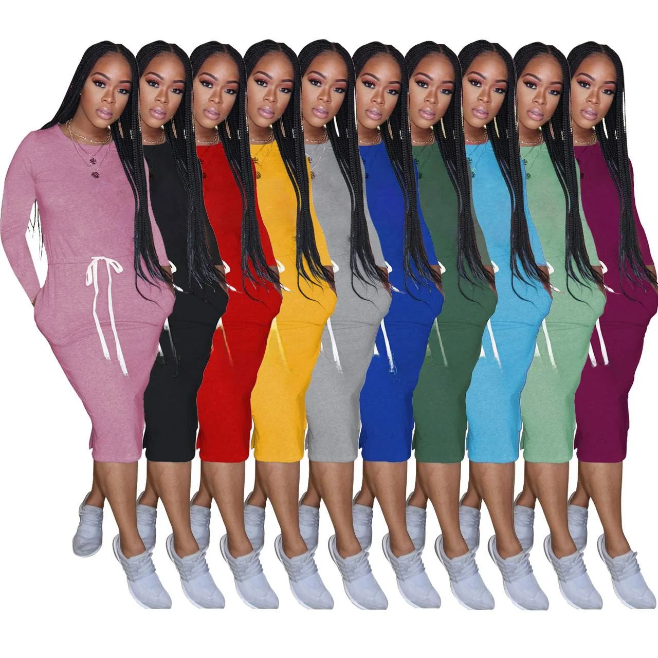 

Classic Simple Casual Color Long Sve Dr Faionable Ensemble Polyester Material Summer Collection Women's Wear