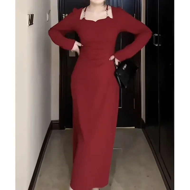 Women's Spring and Autumn New Stitched Pullover Square Neck Retro Fashion Solid Color Versatile Casual Long Sleeve Dress