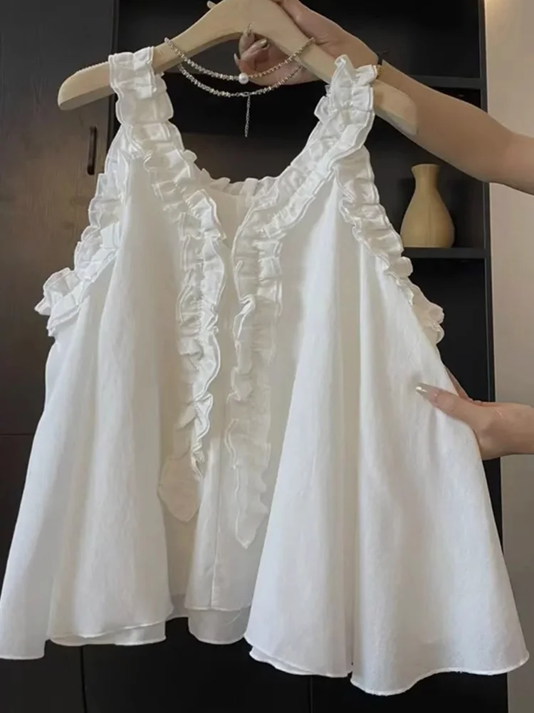 Klein Blue Lace Trim V-neck Strap Vest Women Summer Small Size Loose Slimming Sleeveless Top Commute Style Regular Length