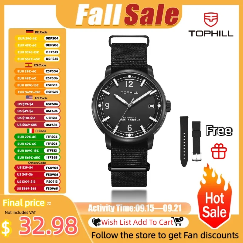 

TOPHILL Men Quartz Watch Sapphire Crystal Luminous Sport Watch Vintage Design