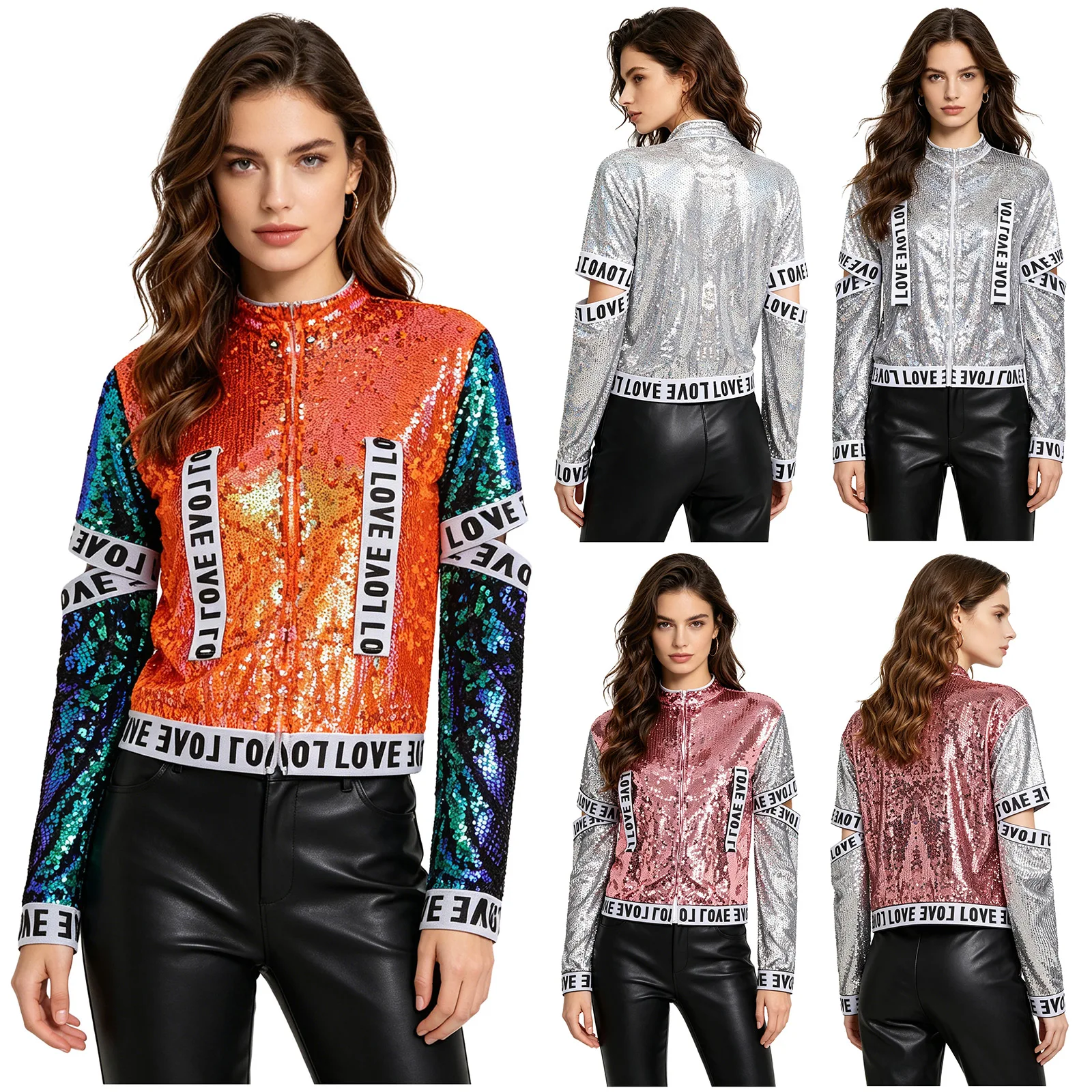 

Womens Jazz Hip Hop Dance Glittery Jackets Sequins Cutout Long Sleeve Front Zipper Fully Lining Baseball Jacket Outerwear