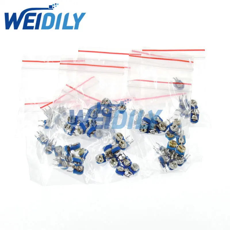 65PCS RM063 Vertical Blue White Adjustable Resistor Kit 100 ohm -1M ohm 13 kinds * 5 PCS=65PCS Resistance 100R-1MR RM-063 WH06-1