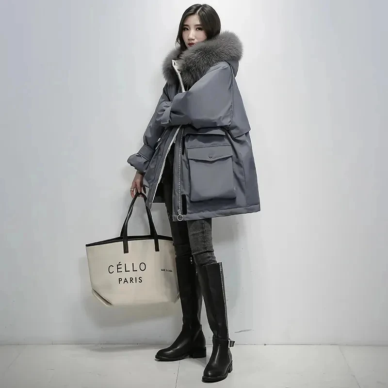 

2023 new Gray Big Size Warm Hooded Cotton-padded Coat Long Sleeve Loose Fit Women Parkas Fashion New Autumn Winter XL