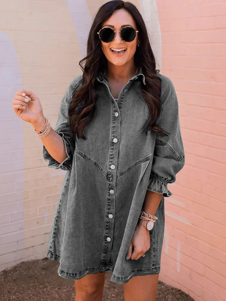 Damska sukienka jeansowa z kołnierzykiem z jednym kołnierzem Sukienki jeansowe z półrękawkiem A Line Vestidos Loose Fit Summer Bohemian