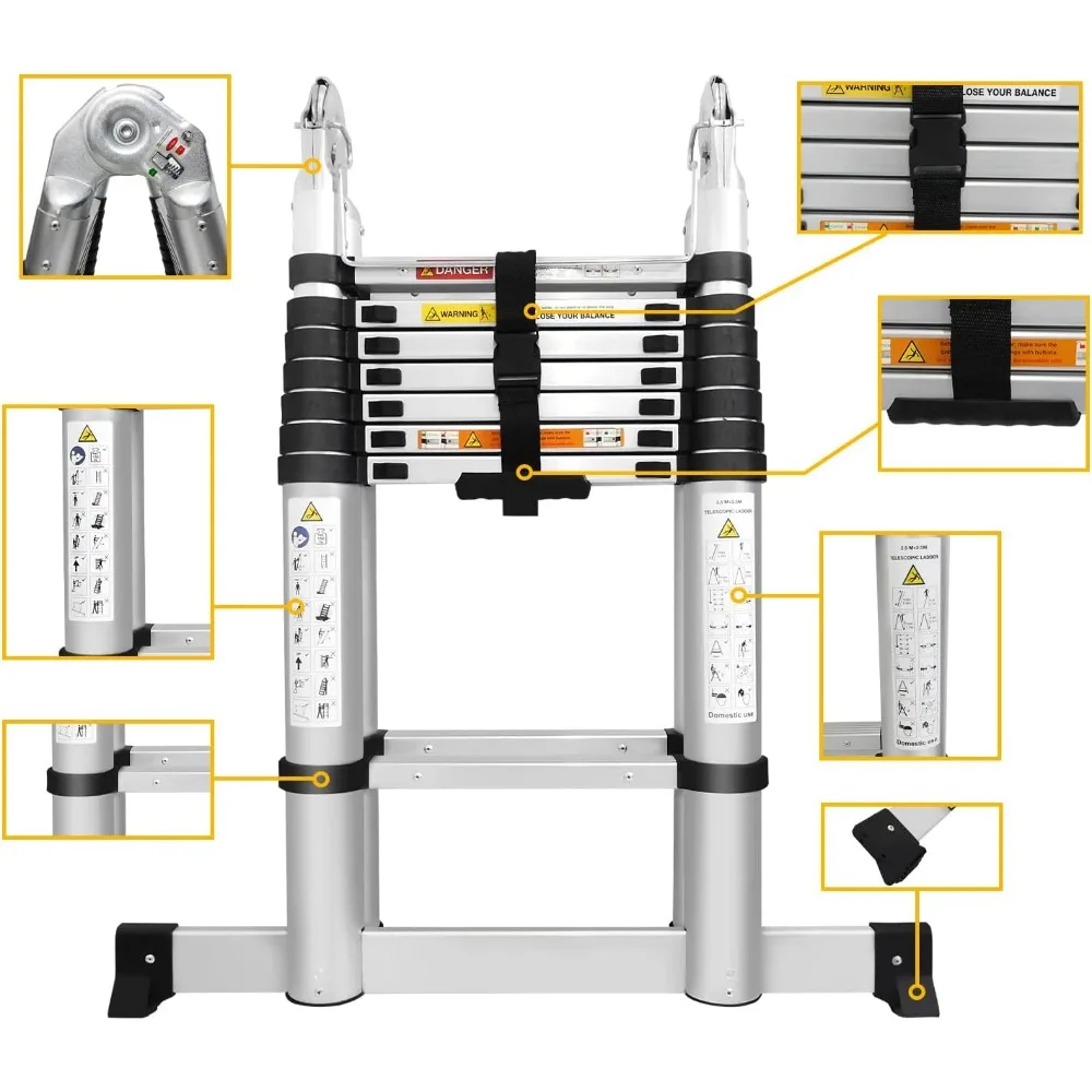 Aluminium telescopische verlengladder 16,4 voet, 2-in-1 A-frame en rechte ladder, verstelbaar 8+8 treden, draagbaar opvouwbaar ontwerp