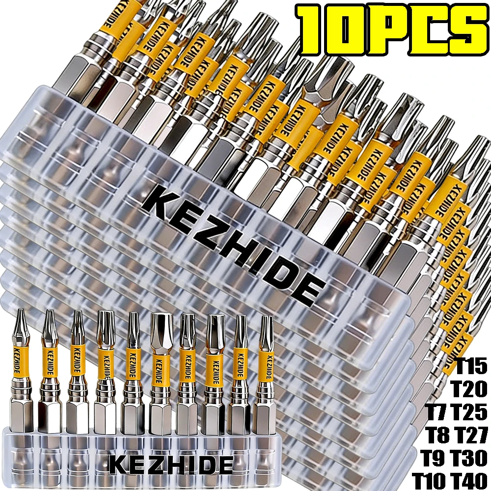 

10PCS 50mm Strong Magnetic Anti-Slip Torx Screwdriver Head Set Hex Shank T7-T40 with Clear Base S2 Steel Impact-Resistant Bits