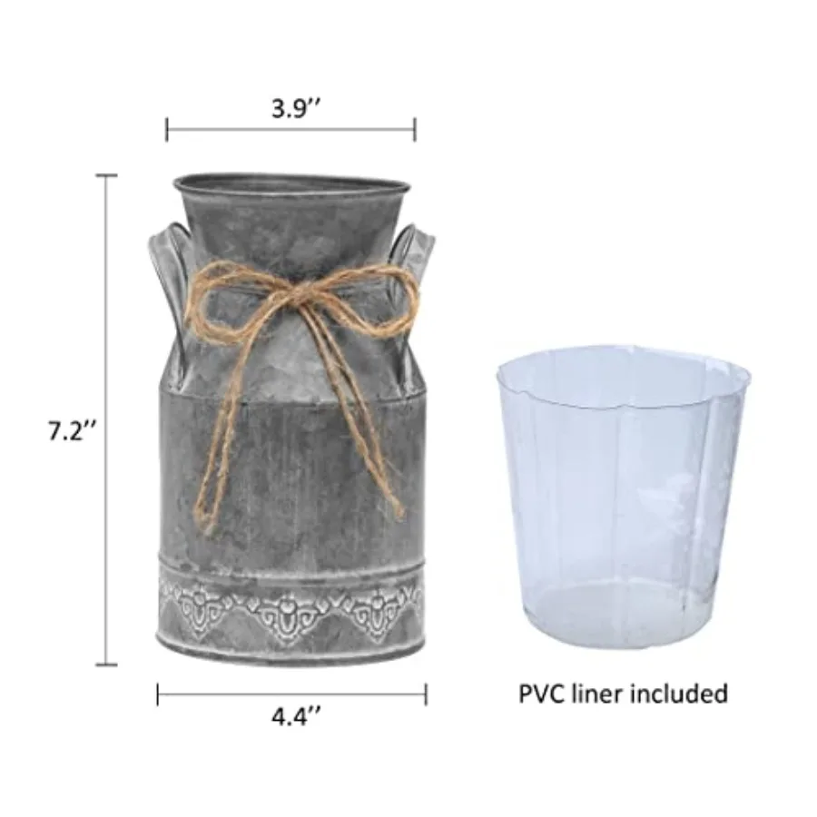 Vintage Galvanized Milk Can, Farmhouse Decorative Flower Pitcher Vase, Rustic French Country Metal Jug for Flowers, 7.2'' H