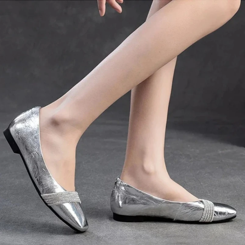 2025 النساء أحذية الباليه الشقق لينة الجلد الحقيقي الفضة حجر الراين عادية منخفضة الكعب طبقة الرأس جلد البقر فساتين راقية الأحذية #3