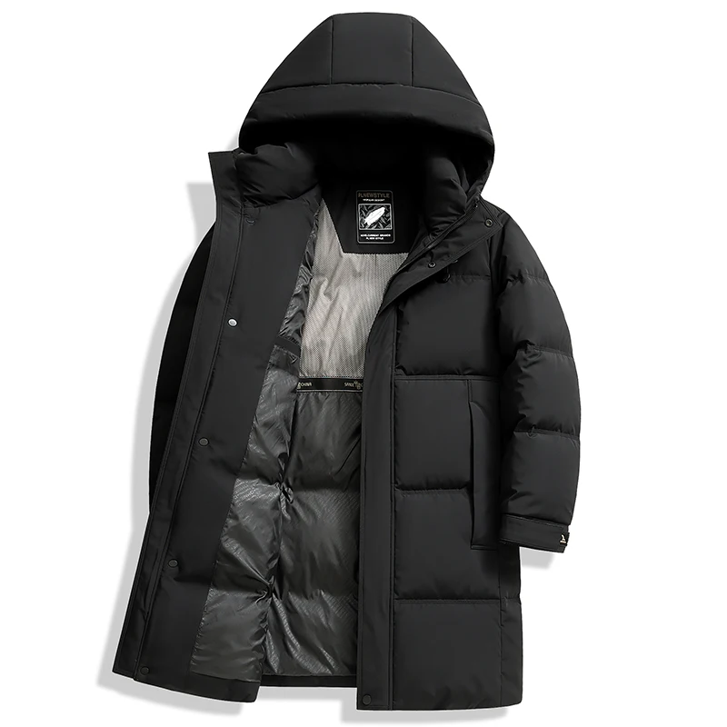 2024 Winter New Men's Medium to Long Hooded Down Jacket Thickened Warm and Cold Resistant Casual Business Coat Down Content 90%