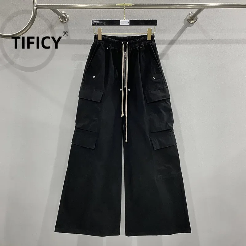 TIFICY High Street Cotton Pants Men's New Large Pocket Workwear Dark and Oversized Loose and Wide Leg Casual Black Long Pants