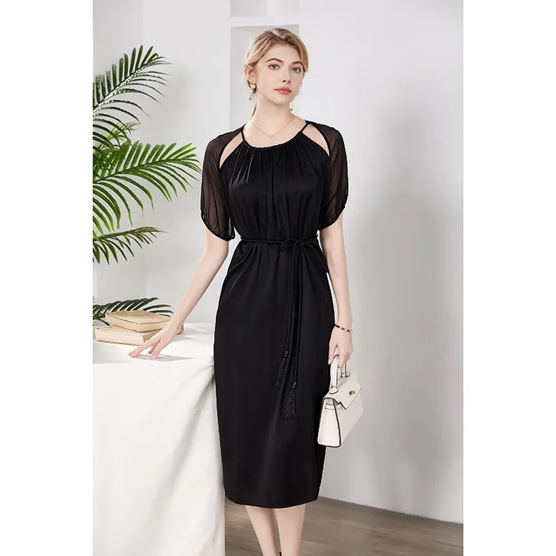 Mulberry Silk Dress for Women, Loose and Slim, Black Temperament, Summer Fashion D41413